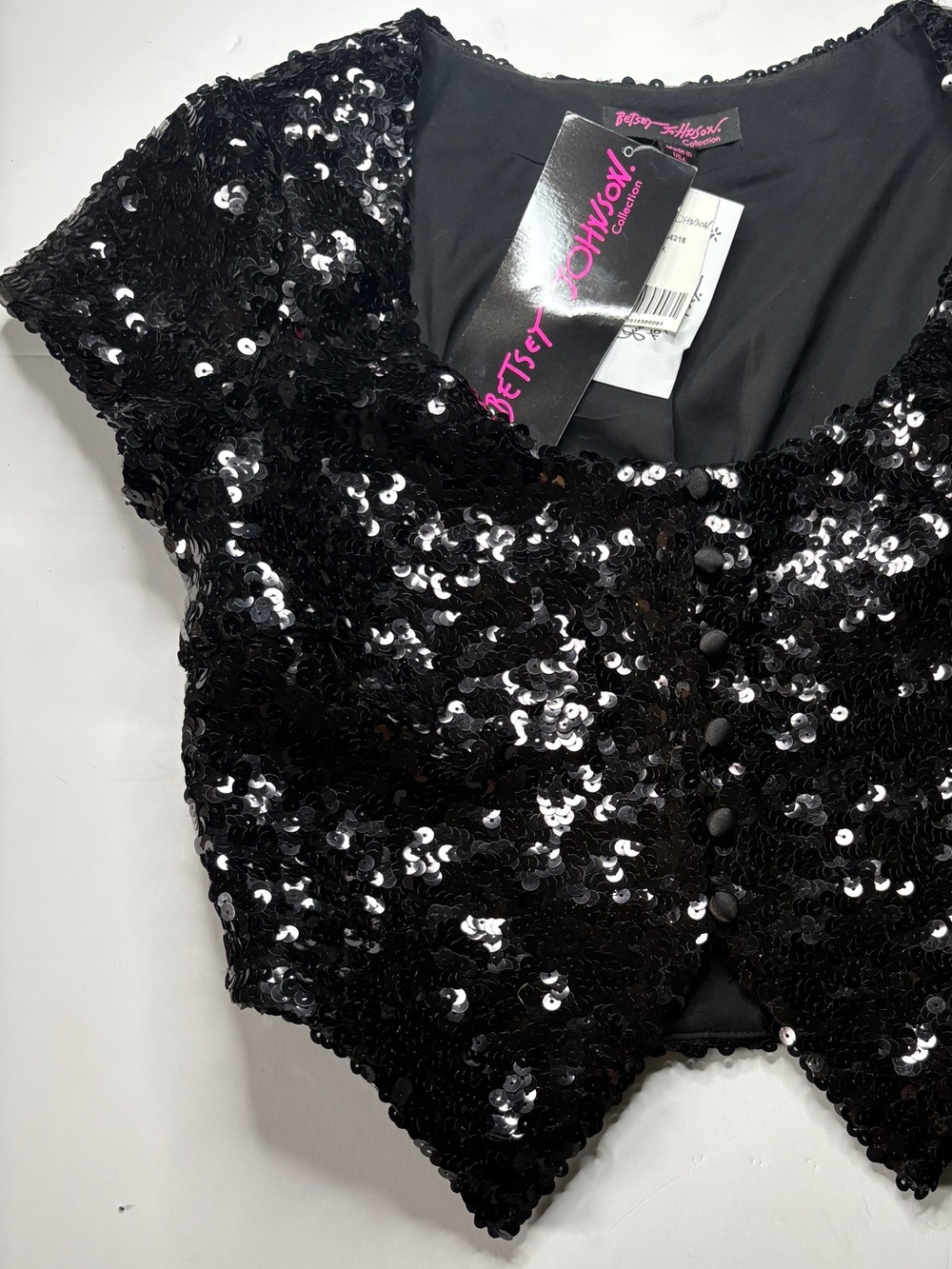 BETSEY JOHNSON BLACK SEQUIN SHORT SLEEVE CROPPED TUXEDO BLOUSE SZ S NWT Y2K